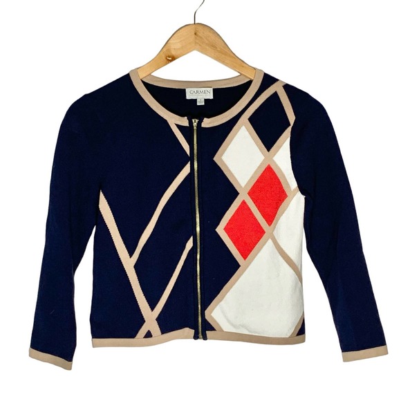Carmen Marc Valvo | Women | Geometric Color Block Zipper Cardigan | Small - Picture 1 of 12